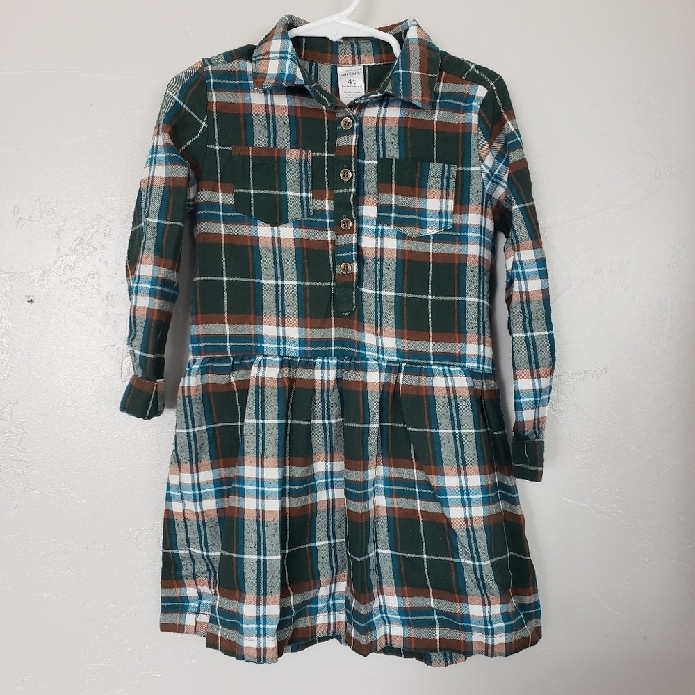 Carter's Toddler Girl 4T Fall Plaid Flannel Dress Pleated Long Sleeve Green